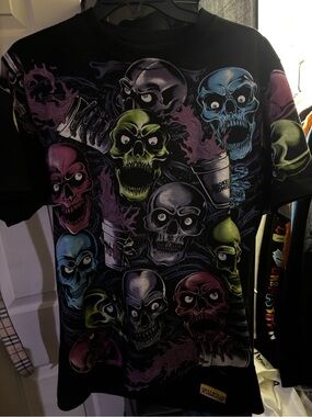 Black Graphic Skull Short Sleeve Tee - Multicolor Skulls